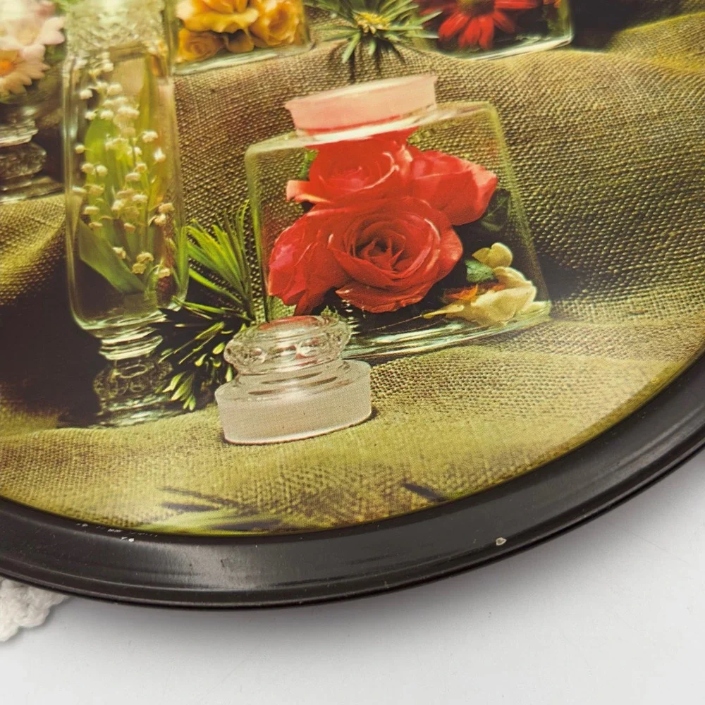 Vintage Round Metal Serving Tray Botanical Apothecary Flower Jars Still Life 11